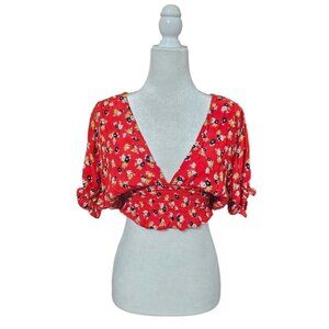 Faithful The Brand red floral crop-top short puff sleeves deep v-neck size S